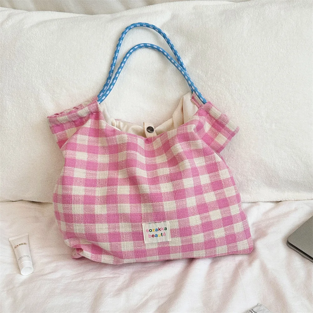 Japanese Style Women Plaid Shoulder Bag Canvas Casual Sling Bag Bow Pattern Large Capacity Female Outdoor Handbag Backpack