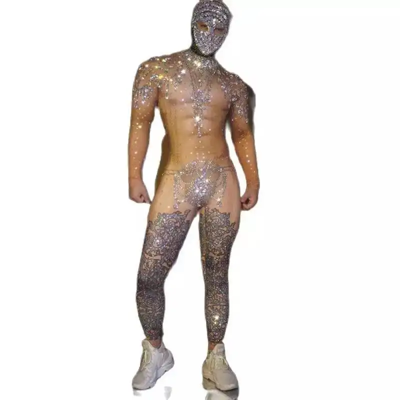 Sexy Rhinestones Rompers Muscle Man Nude Print Jumpsuit Stones Headwear Male Gogo Dancer Costume Festival Outfit Clubwear