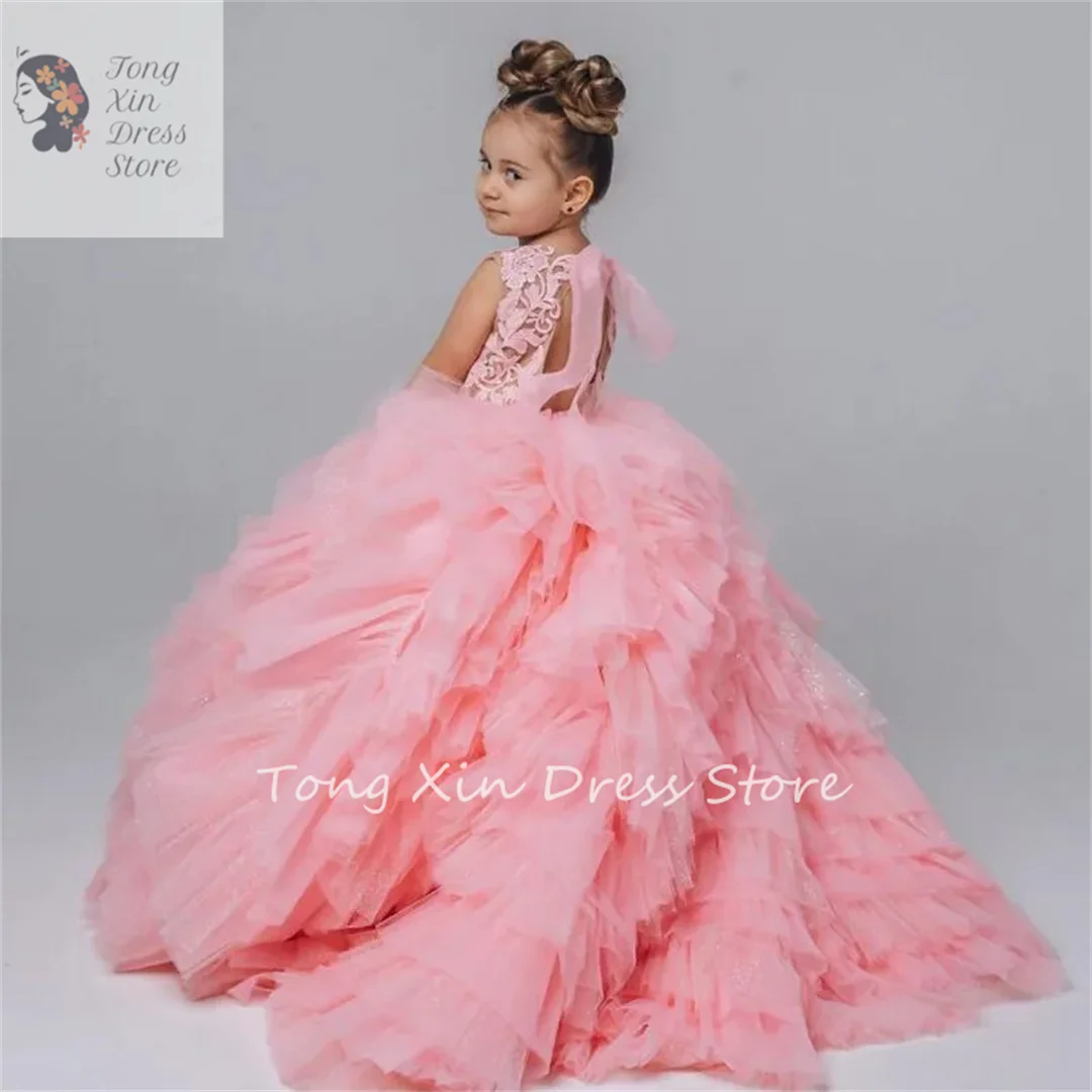 Customized Gorgeous Pink Girls Dresses Lace Tulle Princess Pageant Dress Prom Gown Flower Girl Dress for Wedding Kid