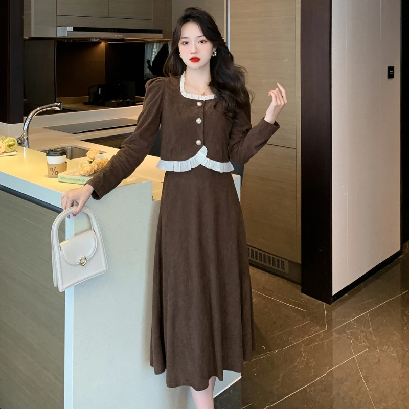 Women's Spring/Summer Fragrance Fungus Patchwork Blazer A-Line Skirt Set Vintage Elegant Square Neck Suit Skirt Two-piece Sets