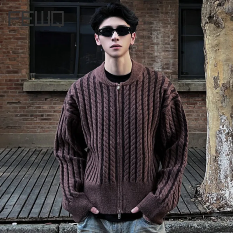 

FEWQ 2024 Winter New Men Cardigan Sweater Long Sleeve Decoration Design Round Neck Casual Fashion Male Knits Coat 24E2763