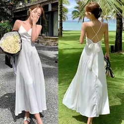 White chiffon dress sweet beauty summer long dress suspenders halter beach dress seaside vacation