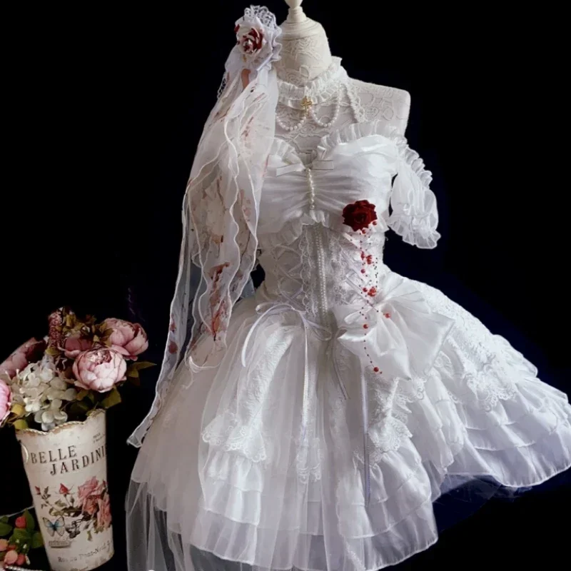 Japanisches Viktorianisches Gothic-Lolita-Kleid Elegantes Damenkleid Niedliches Spitzen-Mesh-Kawaii-Modekleid mit Rosen Weißes Süßes Hochzeitskleid für Mädchen