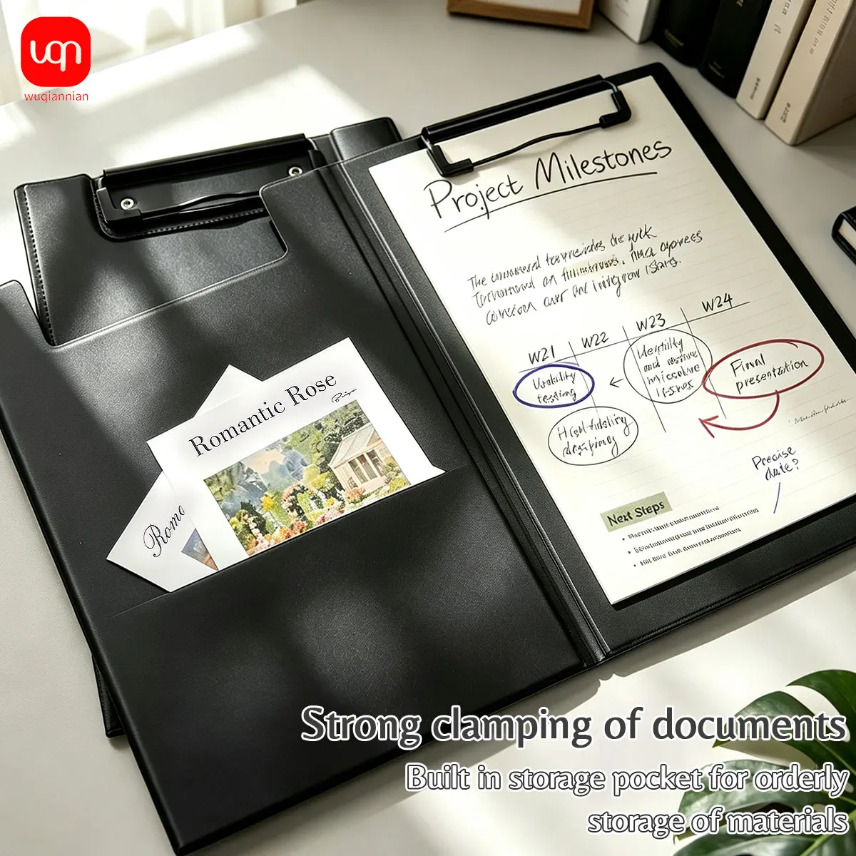 Wqn - Simple Black Leather Flip Folder, With Built-in Storage Pockets, Strong Metal Clip, Can hold A4 papers and notebooks, suit