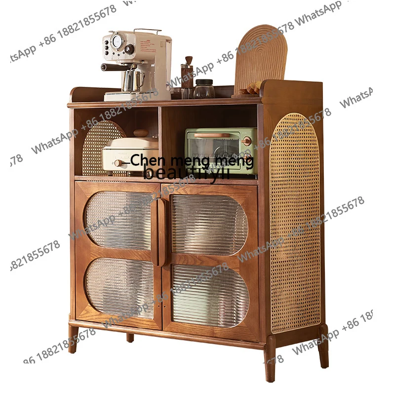 

Medieval rattan dining side cabinet, Japanese solid wood tea cabinet, household small apartment glass door, locker H