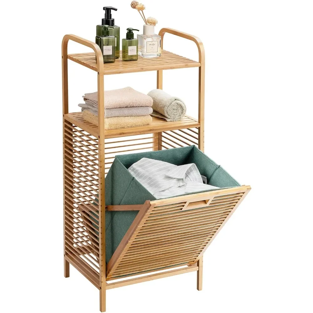 Laundry Hamper Tilt-Out Laundry Linen Hamper Bamboo Freestanding Clothes Basket W/Shelf & Removable Liner