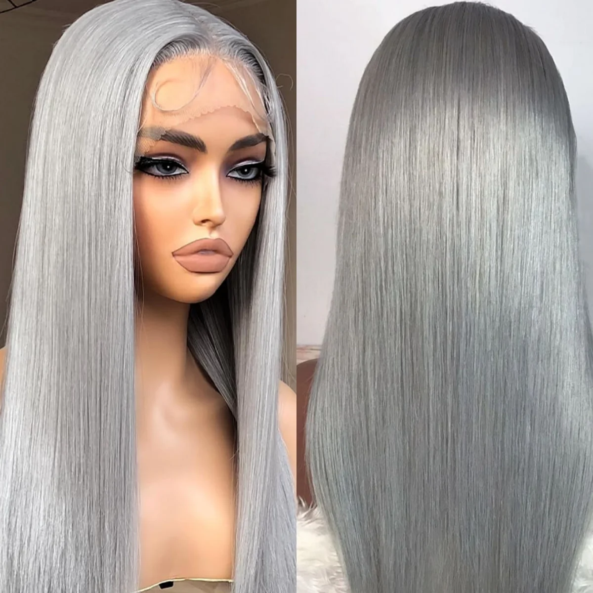 باروكة أمامية من الدانتيل باللون الرمادي مقاس 13 × 4 مع خط شعر طبيعي مفرود للنساء للاحتفال بالعطلات وكهدايا عيد الميلاد #1