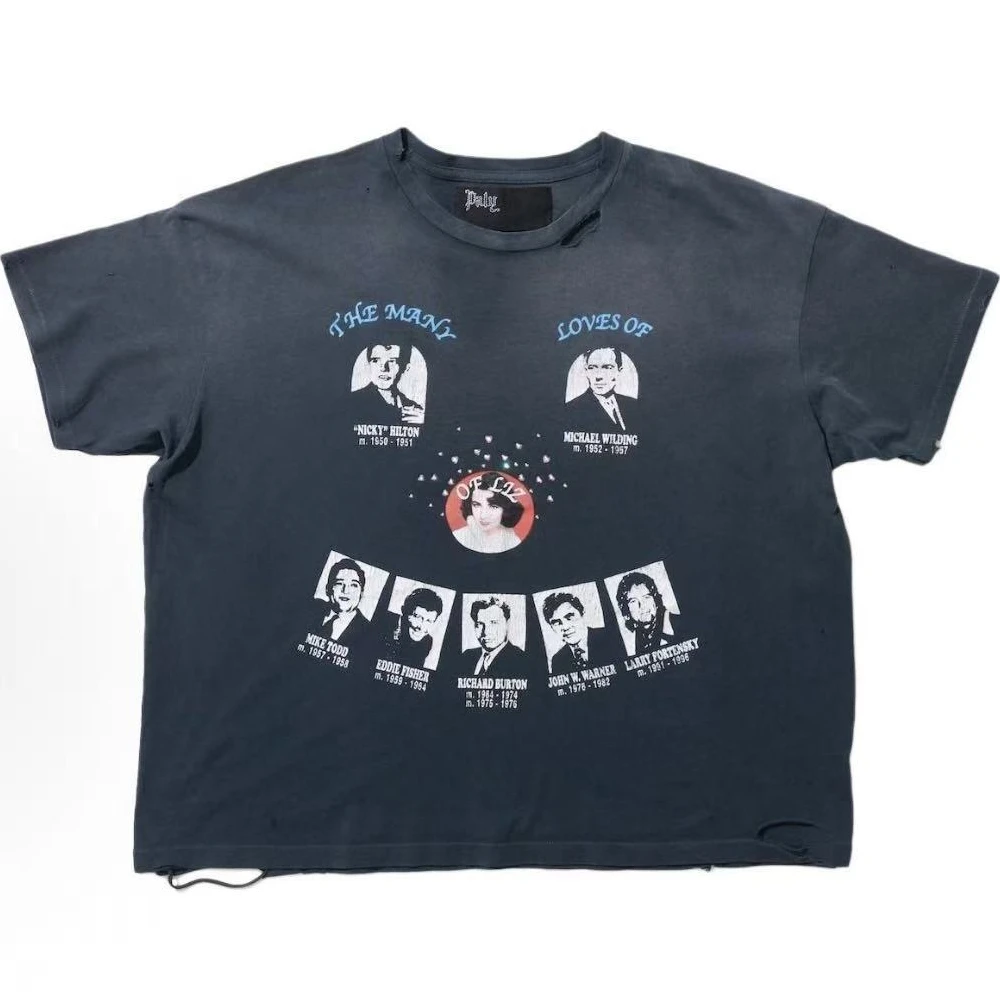 

Paly Diamond Studded Damaged Hem T-Shirt Men Women Best Quality Character Print Retro Casual Short Sleeved Top T Shirt Tee Tops