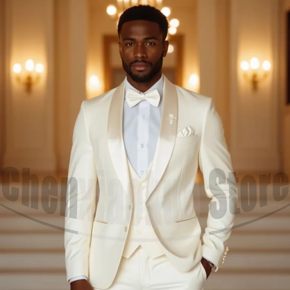 

Men's Ivory Suit Set with Satin Shawl Lapel Elegant Single Breasted Attire for Groom Wedding Party Formal Male Suit 3 Piece
