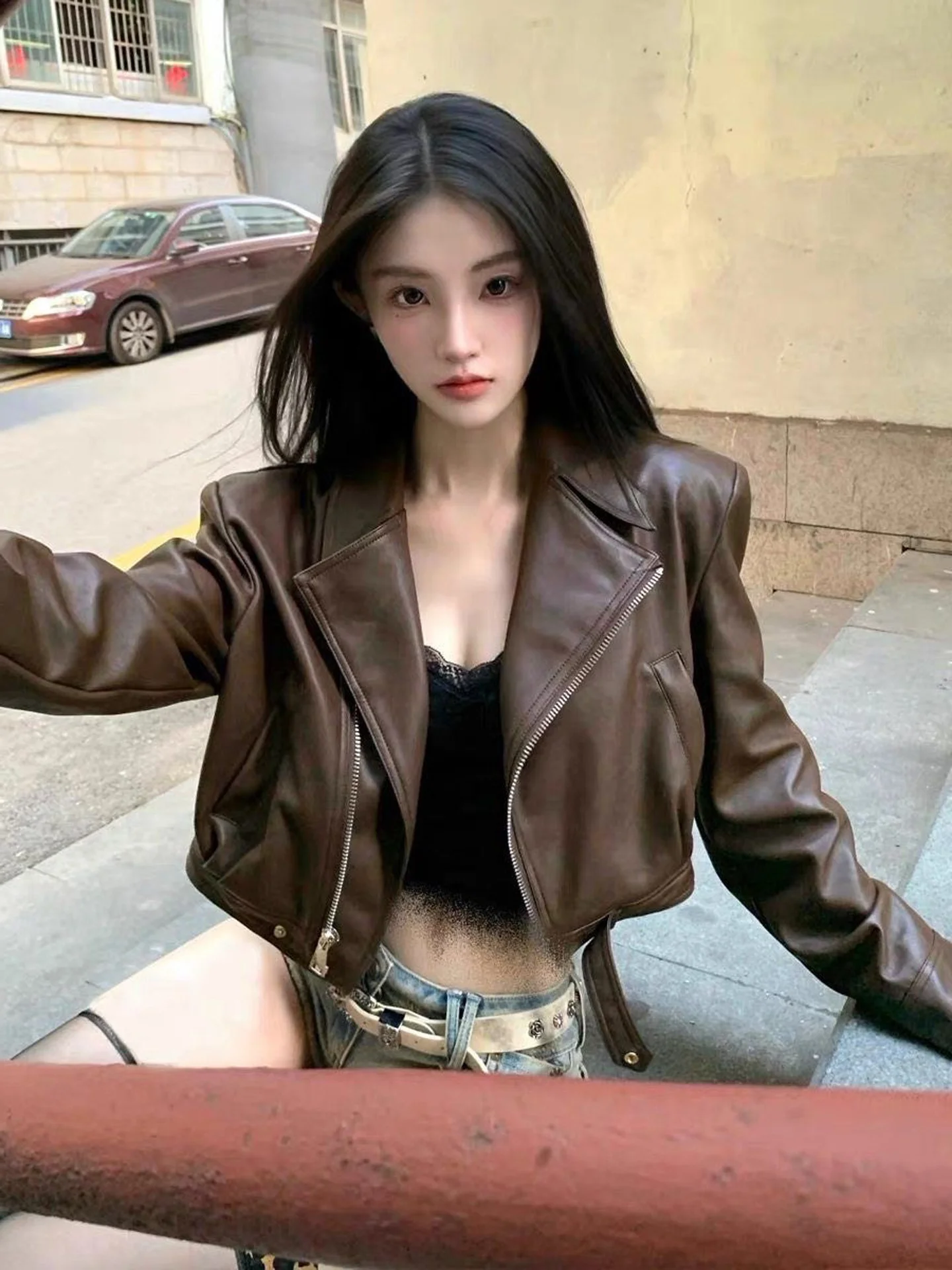 American Style Short PU Leather Jacket Women's Motorcycle Jacket Sweet Cool Top Fall New Design Small Size Sexy Girl