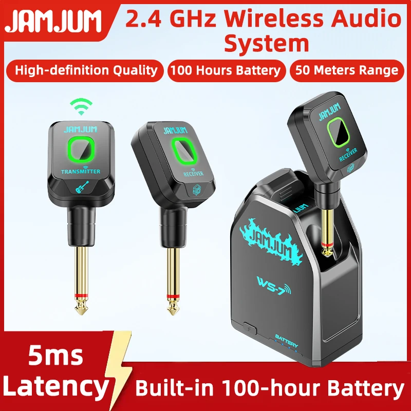 JAMJUM WS-7 2.4GHz Wireless Audio Link – 50m Range, 100h Battery Life, 6.35mm Plug, for Electric Acoustic Instruments