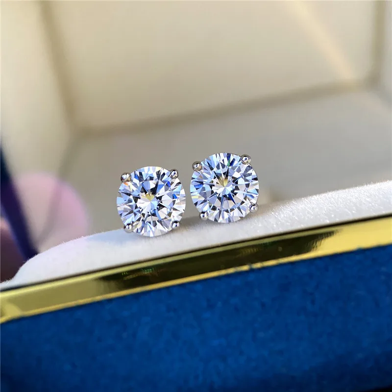 0.3CT–3CT D VVS1 4-Prong Round Moissanite Stud Earrings for Women, 925 Sterling Silver Classic Luxury Ear Jewelry