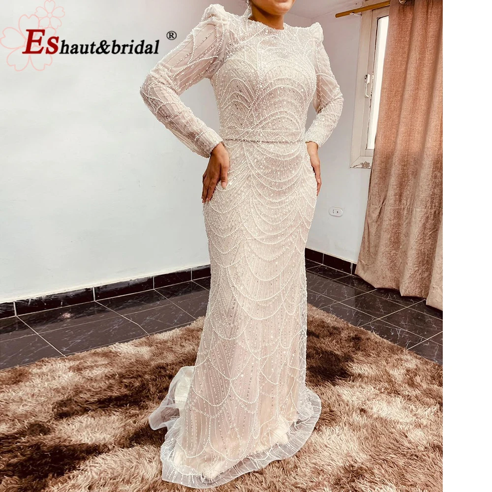 Elegant Muslim Mermaid Evening Dress for Women 2023 Luxury Arabic Pearls O Neck Long Sleeves Formal Prom Wedding Party Gown