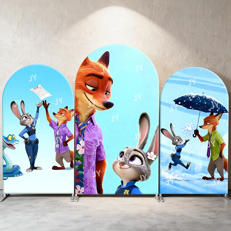 

Zootopia Judy & Nick Arch Backdrop Cover Team & Winter Scene Cute Cartoon Decor for Birthday and Baby Shower Photo Booth