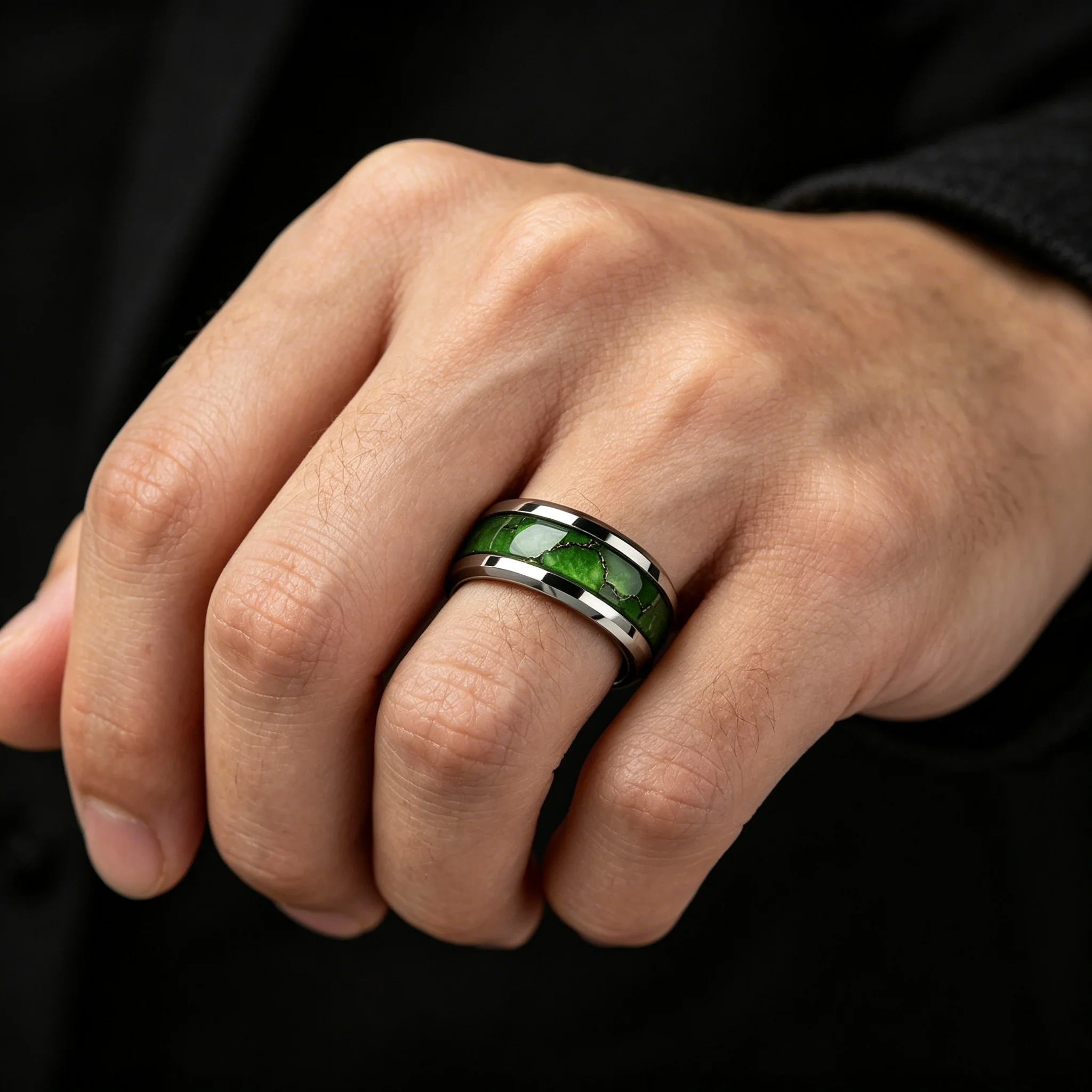 Modische Herrenringe aus Edelstahl mit künstlichem grünem Achat-Stein-Inlay, geeignet für den täglichen Gebrauch, Geschenk für Ihn, nicht verblassend. – Detail 7