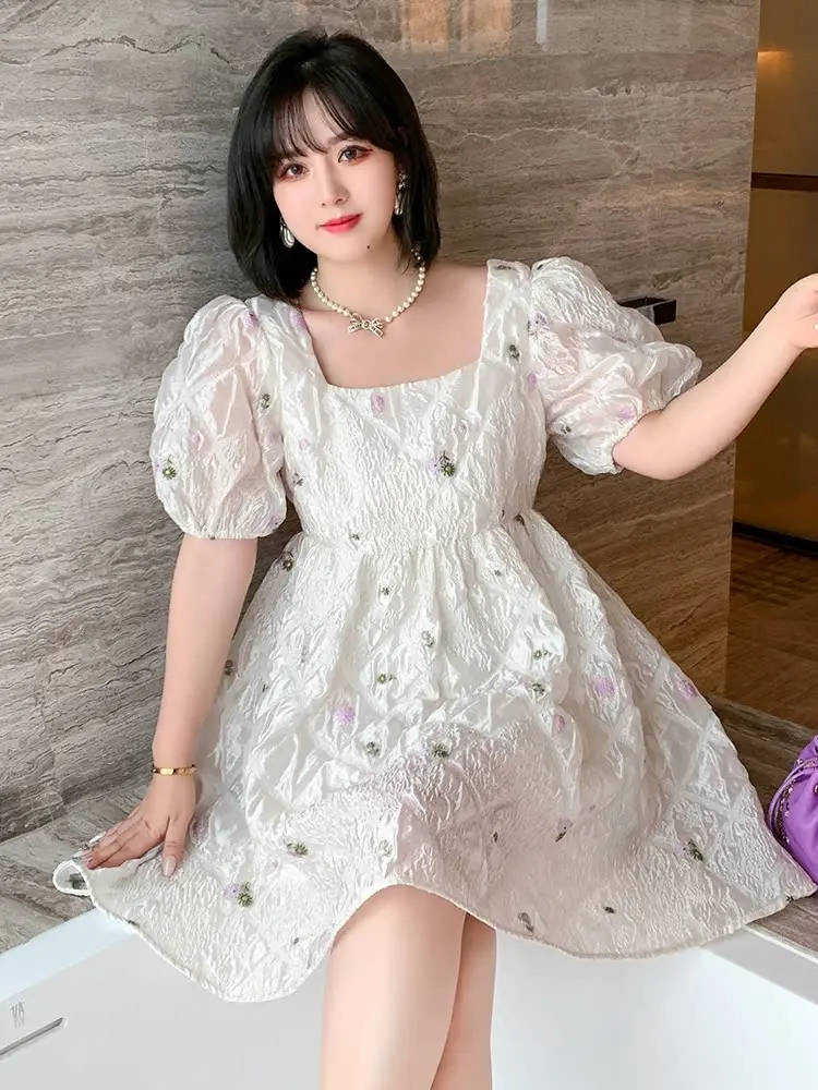 

MIUCO plus Size Square Collar Embroidered Pleated Diamond Stamped Waist Cinched Dr High Waist A-Line ort Skirt