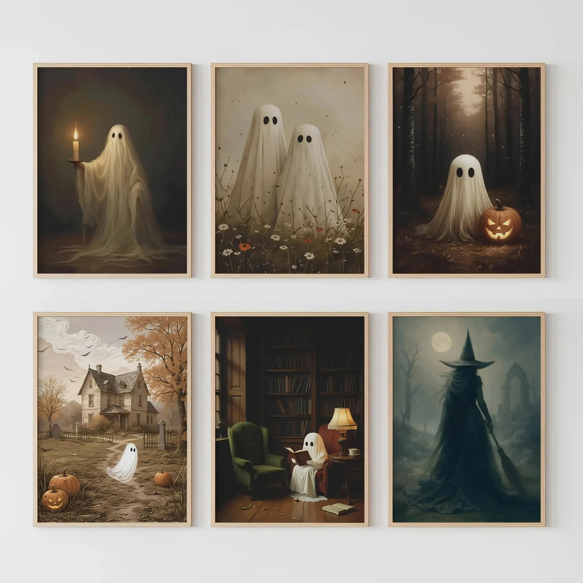Niedlicher Geist mit Kerze Leinwanddruck Halloween-Hexe Herbstlandschaft Wandkunst Poster für Modernes Wohnzimmer Heim-Dekoration Geschenk