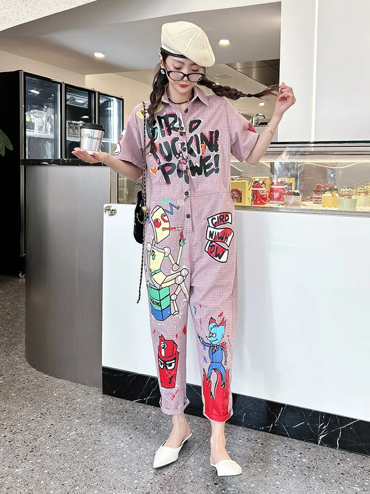 Fashion Plaid Jumpsuit Female 2024 Spring and Summer New High-Grade Loose Cartoon Letter Printed Harem Overalls for Women