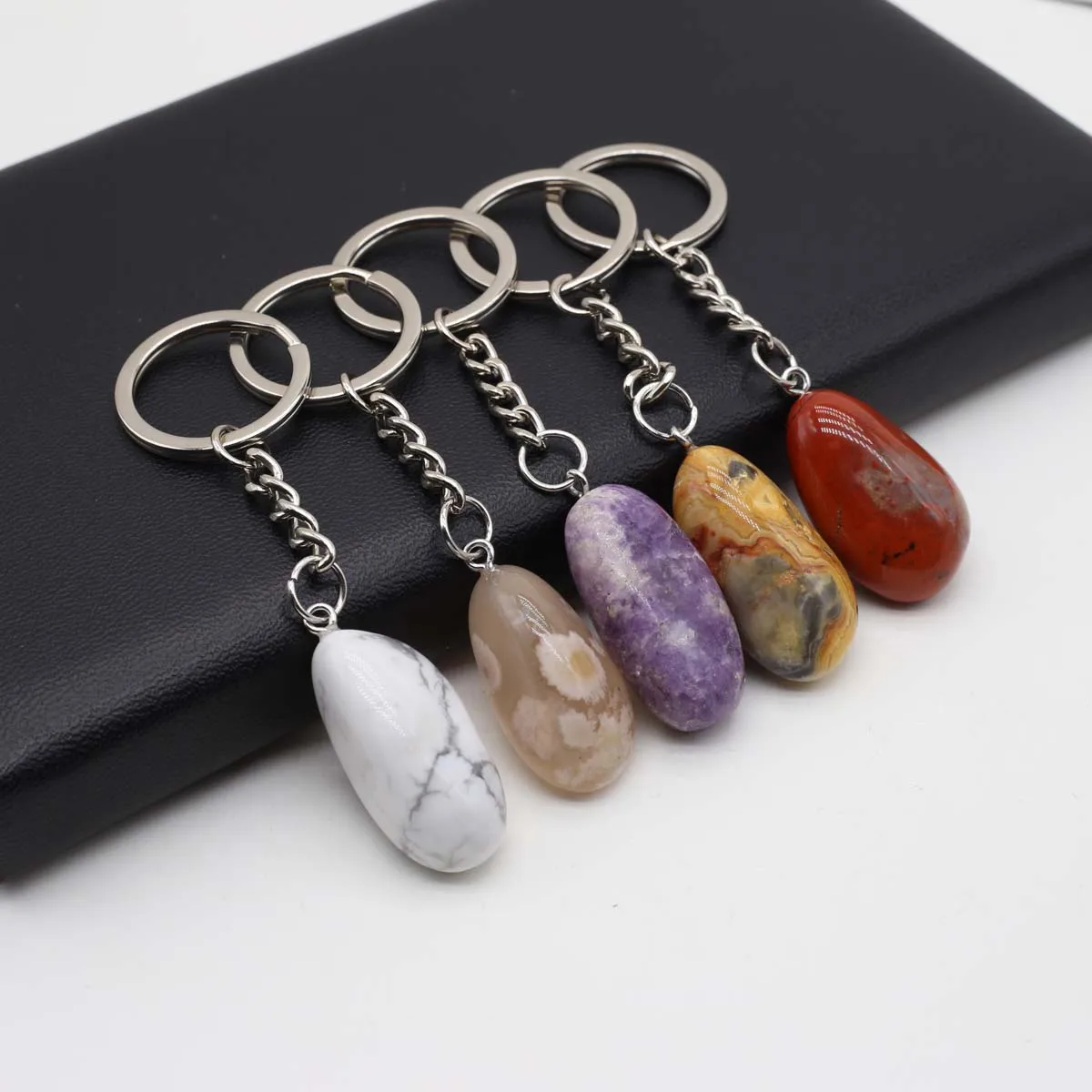 1pc Natural Stones Keychain Reiki Healing Crystals Rose Quartz Amethyst Agate Lapis KeyRing Key Chain Hangle Jewelry Accessories