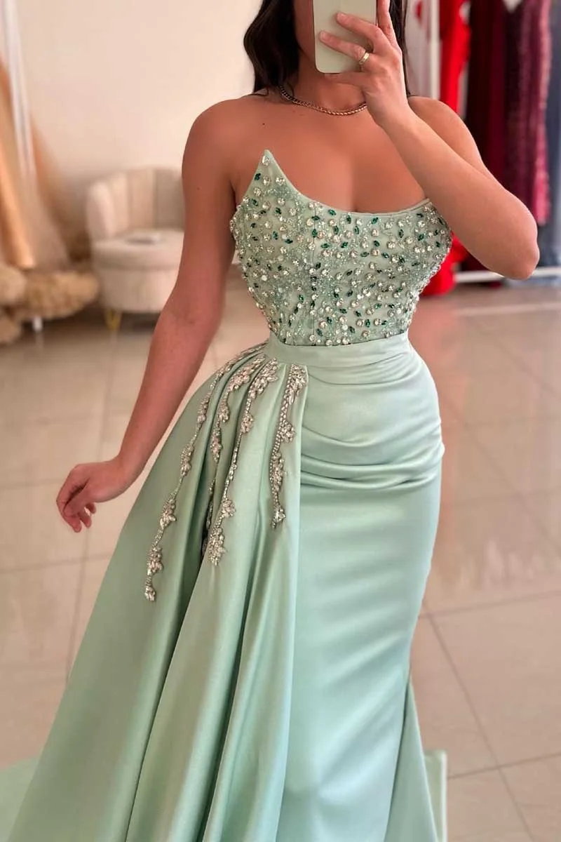 Sexy Satin Strapless Beaded Mermaid Prom Dresses Sparkly Corset Evening Gowns Sleeveless Backless Long Formal Ball Gowns 2024