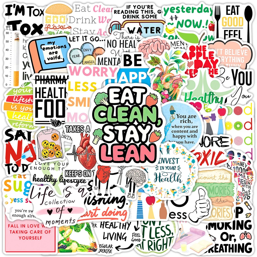 50/100 Pcs Inspirational Text Health Care Doodle Stickers for Guitar Notebook Suitcase Phone Stationery Box Diary Thick Decals