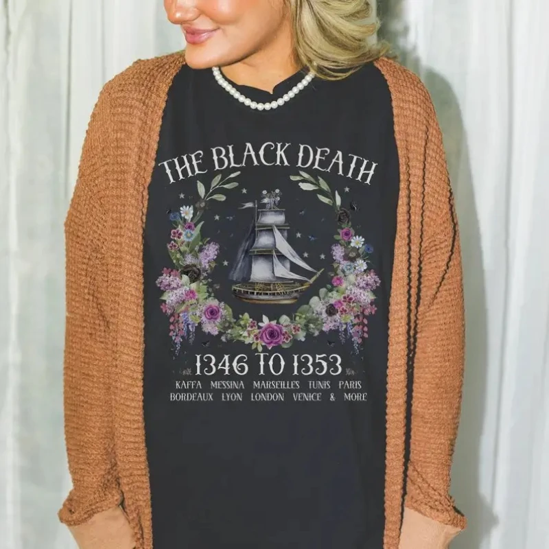 

Boho History Black Death Tee Shirt for History Teacher or Friend Who Loves Medieval History Cottagecore Rat Tee with Flowers