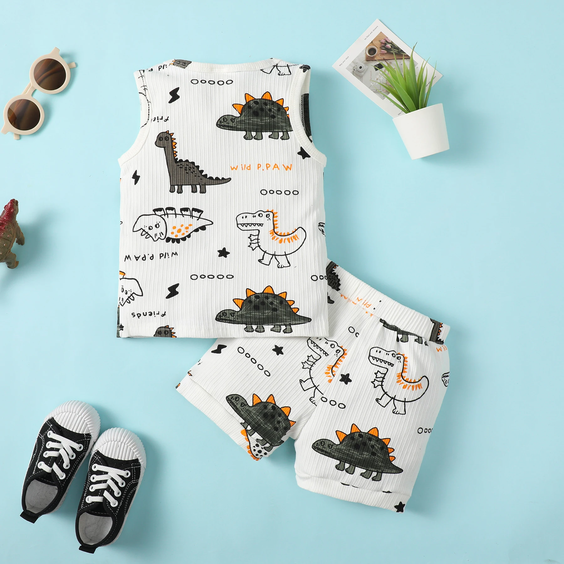 2PCS Infant Baby Boy Clothing Cartoon Dinosaur Outfit Cute Sleeveless Vest & Shorts Baby Boy Casual Set For Spring And Summer