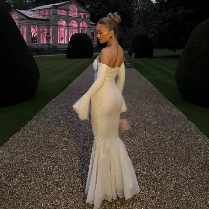 Faionable Sexy hors épaule dentelle garniture Dr avec cloche Sves et jupe sur mesure taille haute longue Sve femme Dr