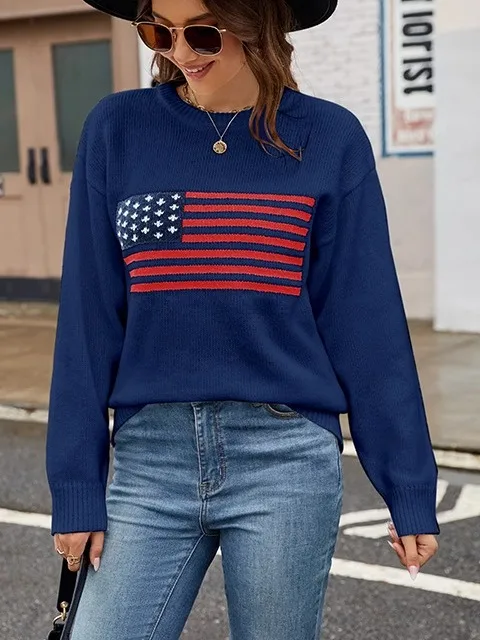 

Street Sle Свободный крой Long Sve круглый свитер с национальным флагом из полиэфирного волокна Осенняя одежда Женская мода