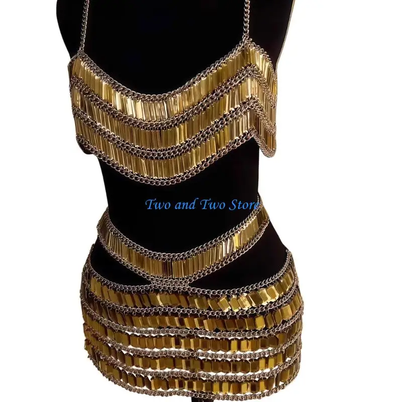 HX6F Blackless Crop Top Short Skirt Rhinestones Bras Chain Beach Body Jewelry image 2