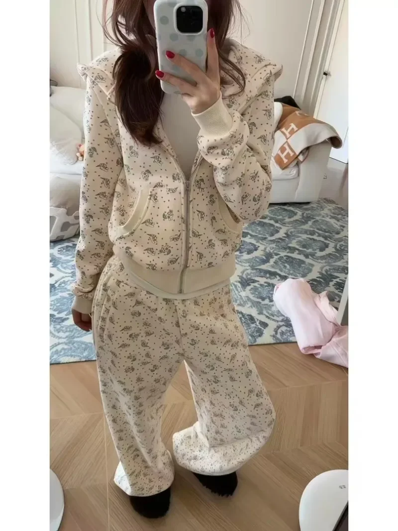 Ashleywilliams Rabbit Print Hooded Zipper Fleece Lined Sweatshirt Pants Set Women's Casual Sportswear High Waist Autumn Winte...