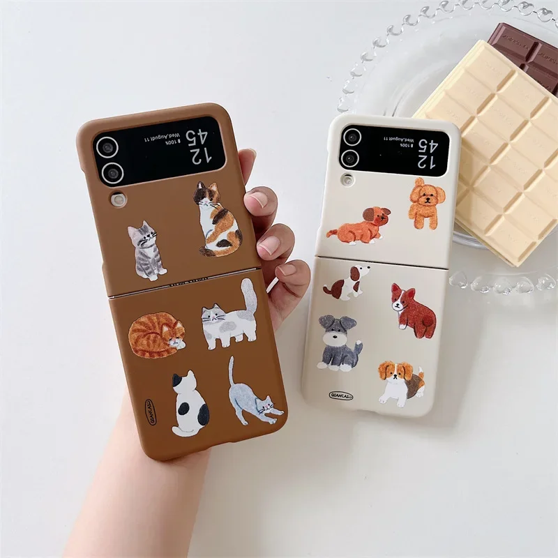 Cartoon Hand Drawn Cat Puppy Phone Case for Samsung Galaxy Z Flip6 4 3 Hard Cover for ZFlip5 Flip3 Zflip4 Solid Shell Bracket