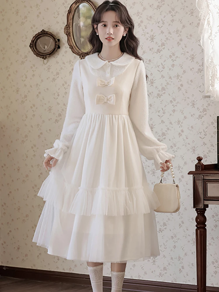 Robe mi-longue à volants en maille pour femmes, avec nœud blanc, Patchwork, manches longues, col de poupée, tenue décontractée, automne hiver, robes moulantes coréennes, 2025