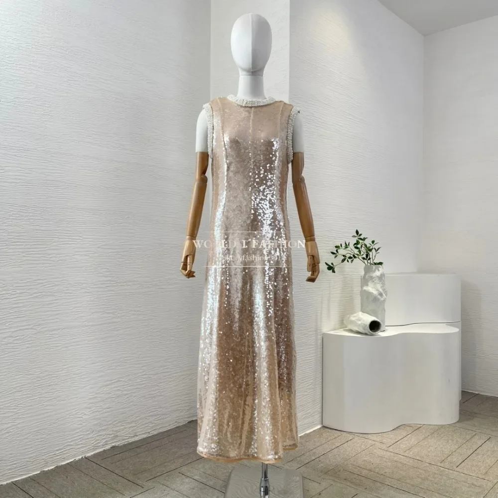 

High Quality Gold Shining Sequined Diamonds Sleeveless Midi Drees