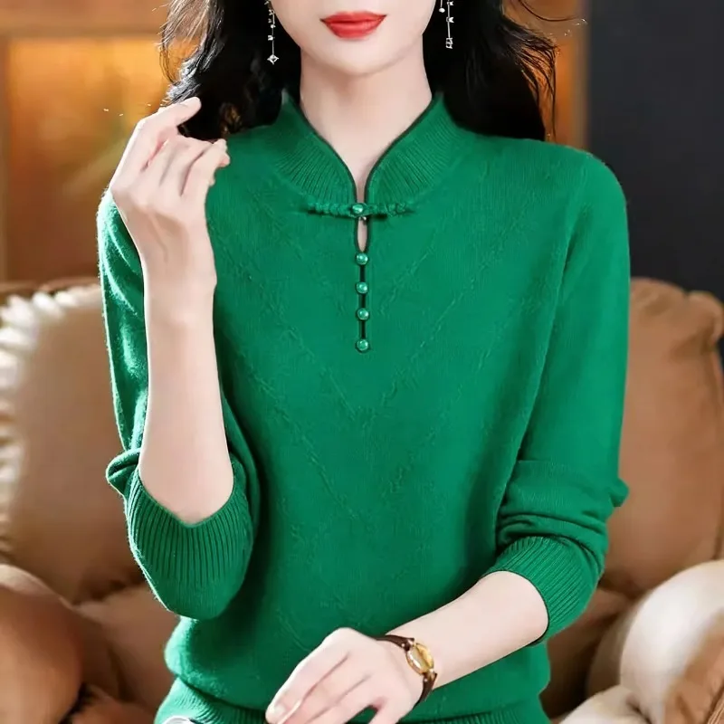 Chinese Style Middle Aged Women Green Qipao Collar Wool Knit Sweater Slim Warm Long Sleeve Undershirt Autumn Winter S 4XL