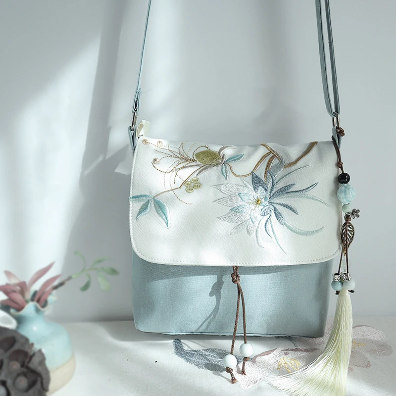 

Chinese Style Artistic Canvas Cotton Linen Embroidery Bag Women Retro Hanfu Dress Decor Flap Bag With Pendant Crossbody Bag