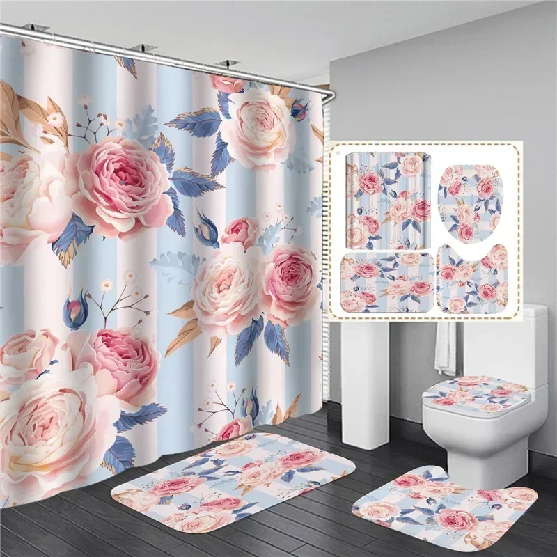 Pink Flowers Rose Elegant Printed Shower Curtain Set Waterproof Women Bathing Bathroom Pedestal Rug Lid Carpet Toilet Seat Cover