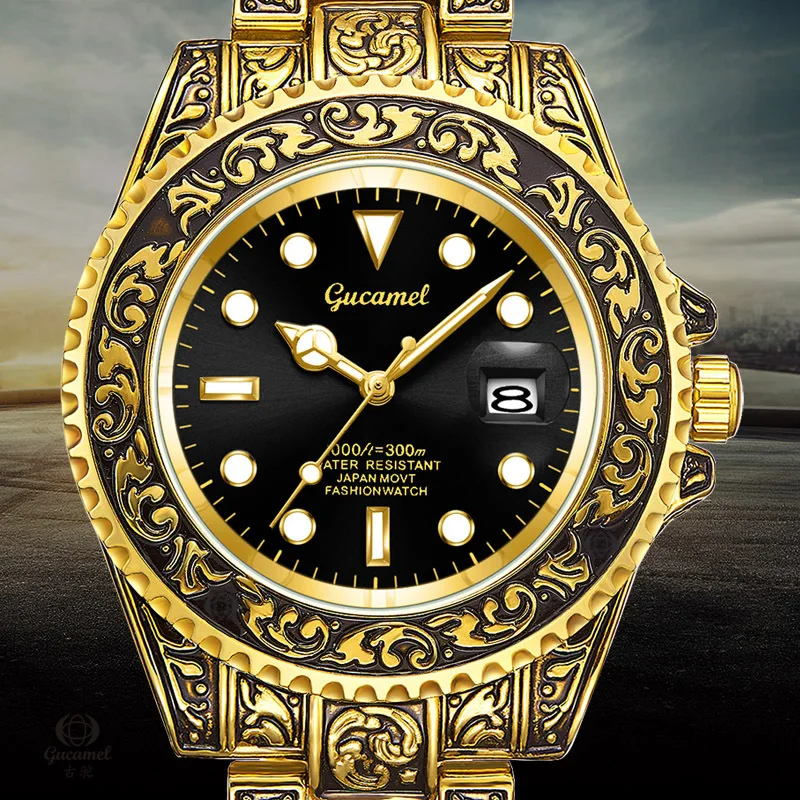 

Non-Mechanical Men's Watch - Retro Engraved Quartz Calendar Watch, Vintage Style Dress Watch
