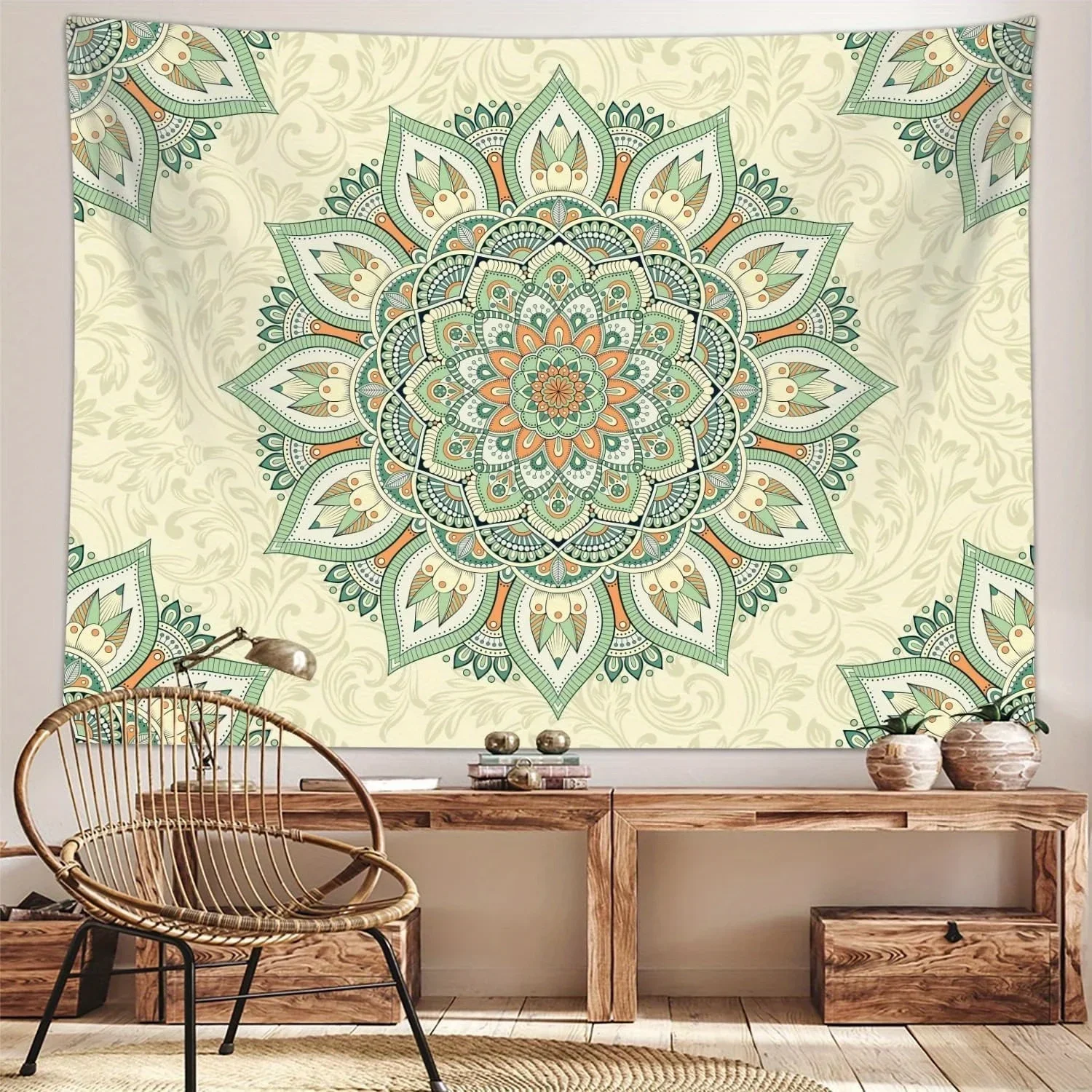 Bohemian Green Mandala Wall Hanging Teal Gold Orange Symmetrical Design Beige Bedroom Dorm Living Room Decor