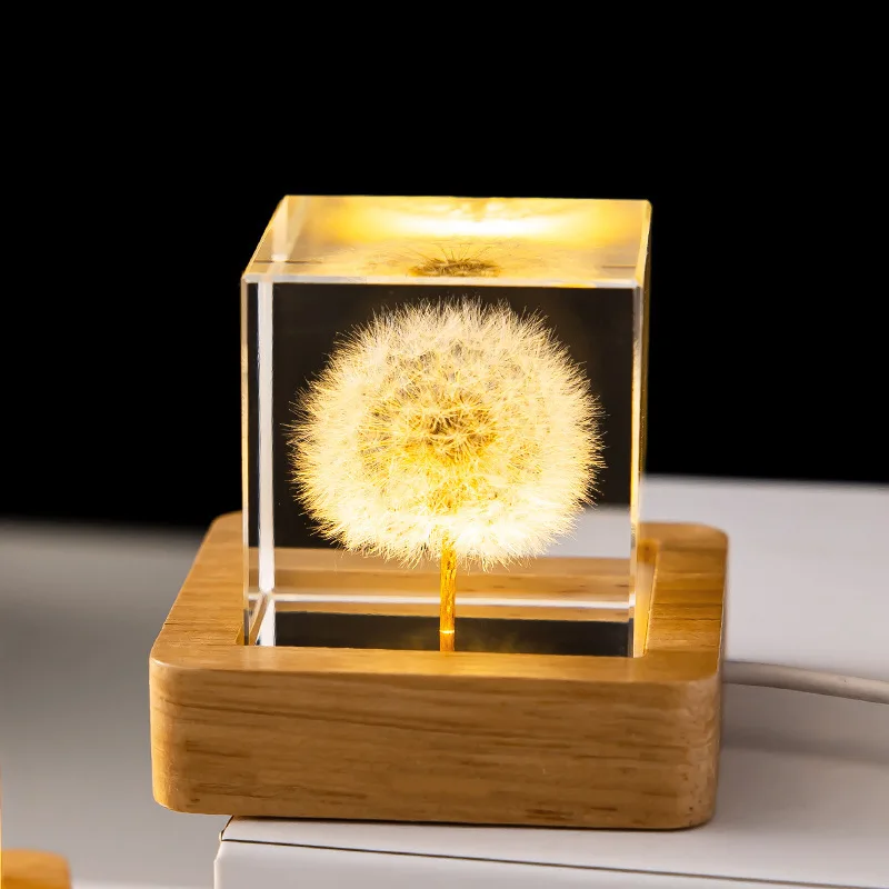 

New 3D Dandelion Crystal Ball Night Light USB Powered Touch Sensor Wood Base LED Bedside Lamp for Home Decor Birthday