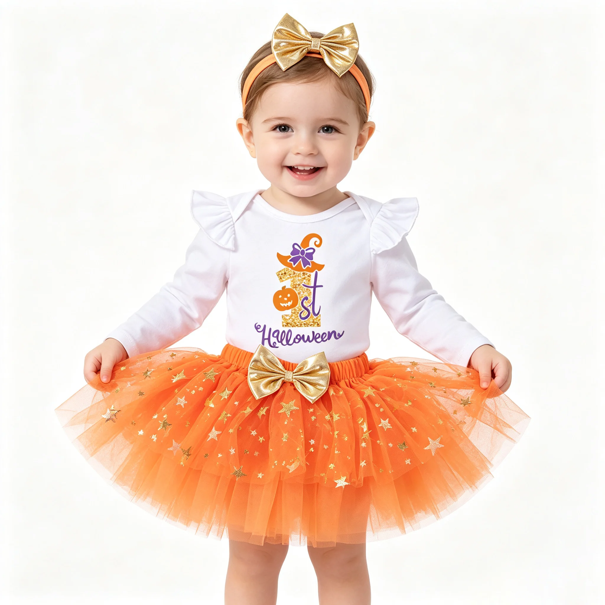 Toddler Baby Girls My First Halloween Costume Set Ruffle Long Sleeve Bodysuit OrangeTutu Skirt Headband Infant Party Outfit