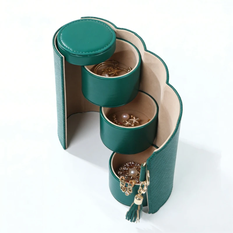 Leather Jewelry Box Rotating 3 Layer Organizer Box Women's Ring Necklace Storage Case Travelling Portable Trinket Jewelry Boxes