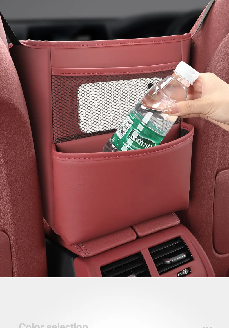 Auto Sitz Mittleren Kleiderbügel Lagerung Tasche Leder Auto Handtasche Halter Zwischen Sitze Kopfstütze Hängen Telefon Wasser Tasse Organizer Taschen – Detail 4