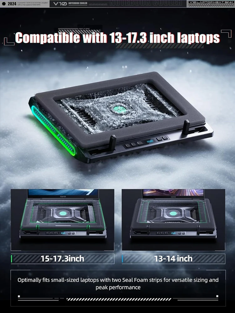 4.72인치 강력한 외부 터보 냉각 팬이 장착된 V10 V12 RGB 노트북 쿨러 스탠드는 13-17.3인치 노트북 게임용으로 빠르게 냉각됩니다.