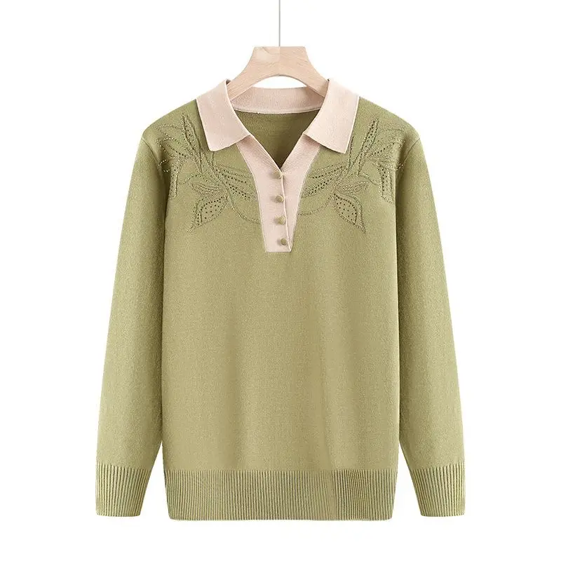 Mature Women Lapel Sweater Spring Autumn Rhinestone Decor Long Sleeve Knit Top