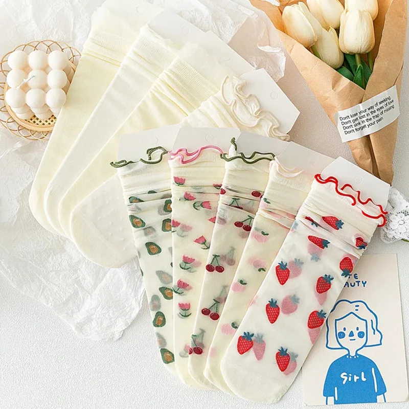 Calcetines transpirables ultrafinos para mujer, medias cortas elásticas de seda de encaje transparente, cristal rosa, flores, 5 pares