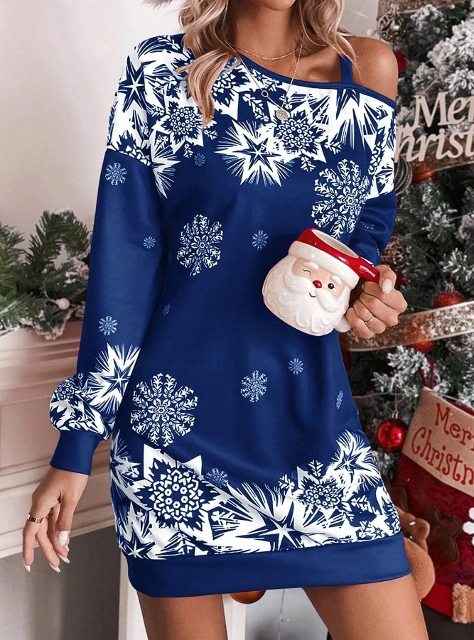 Autumn and Winter Fashionable Dress Christmas Printed Slanted Shoulder Dress Tight Fitting Hip Hugging Sexy Dress for Women