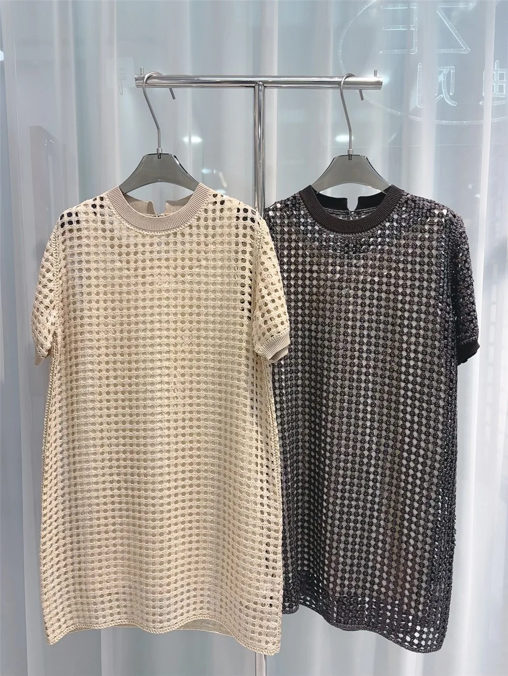 Heavyweight Sequin Open-Knit Short-Sleeve Dress Women Fashionable Straight Midi Skirts Includes Inner Lining