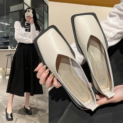 2023 Flat Shoes Women Square Toe Single Shoes Simple Temperament Leather Shoes Spring  round toe heels