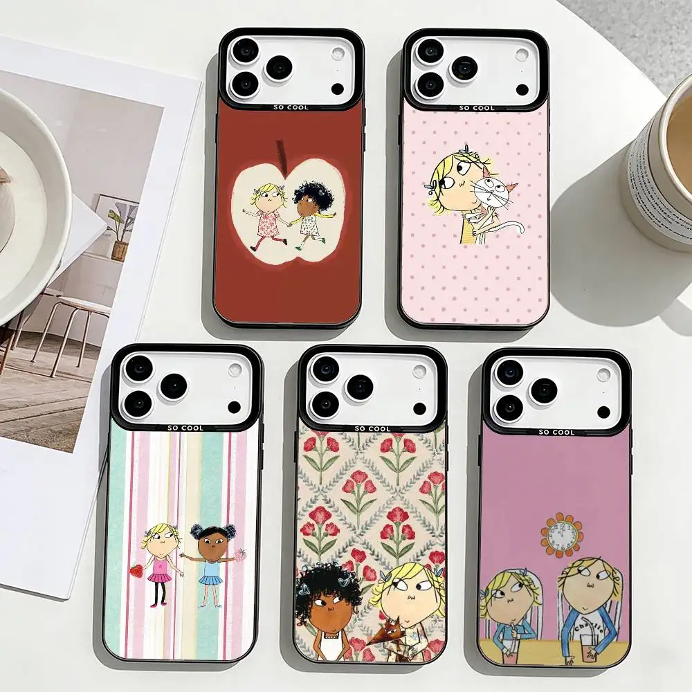

C-Charlie And Lola Cute Fun Phone Case For iPhone17,16,15,14,13,12,Pro Max Black Colored Silver Plated Inside Cover